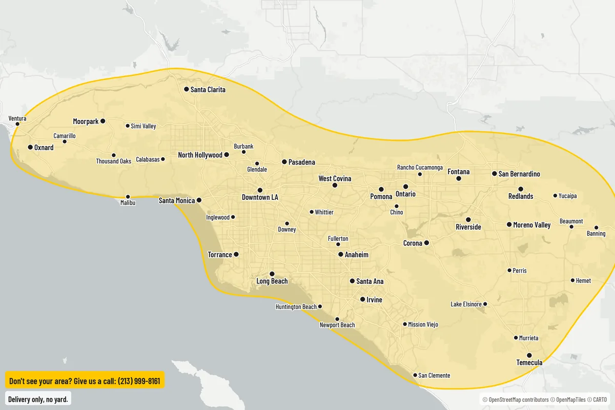 Map of the Leader Aggregates delivery area across Southern California: a highlighted zone from Ventura, Oxnard and Moorpark through Santa Clarita, the San Fernando Valley, Pasadena, Downtown LA, Santa Monica, Torrance and Long Beach; all of Orange County from Fullerton and Anaheim to Irvine, Newport Beach and San Clemente; and the Inland Empire from Pomona, Ontario and Rancho Cucamonga through Fontana, San Bernardino, Redlands, Yucaipa and Banning to Riverside, Moreno Valley, Hemet, Lake Elsinore and Temecula. Delivery only, no yard. Don't see your area? Give us a call: (213) 999-8161.
